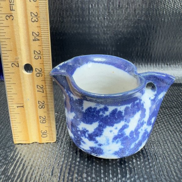 Vintage Miniature Cobalt Blue White Spongeware Pottery Stoneware Hanging Pitcher - Picture 4 of 11